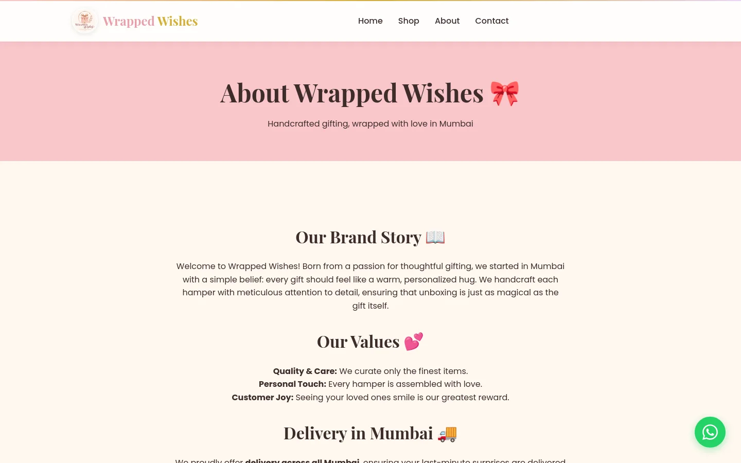 Wrapped Wishes about page brand story and delivery details