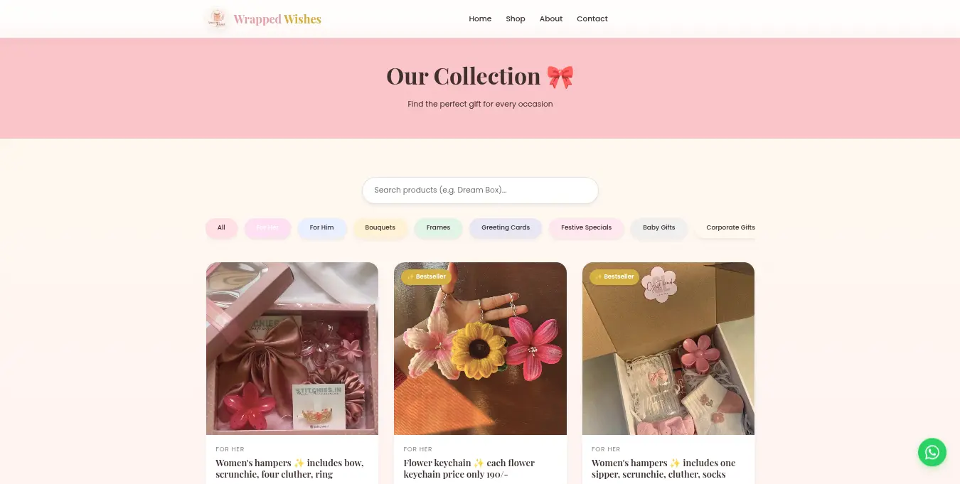 Wrapped Wishes category search and filter interface